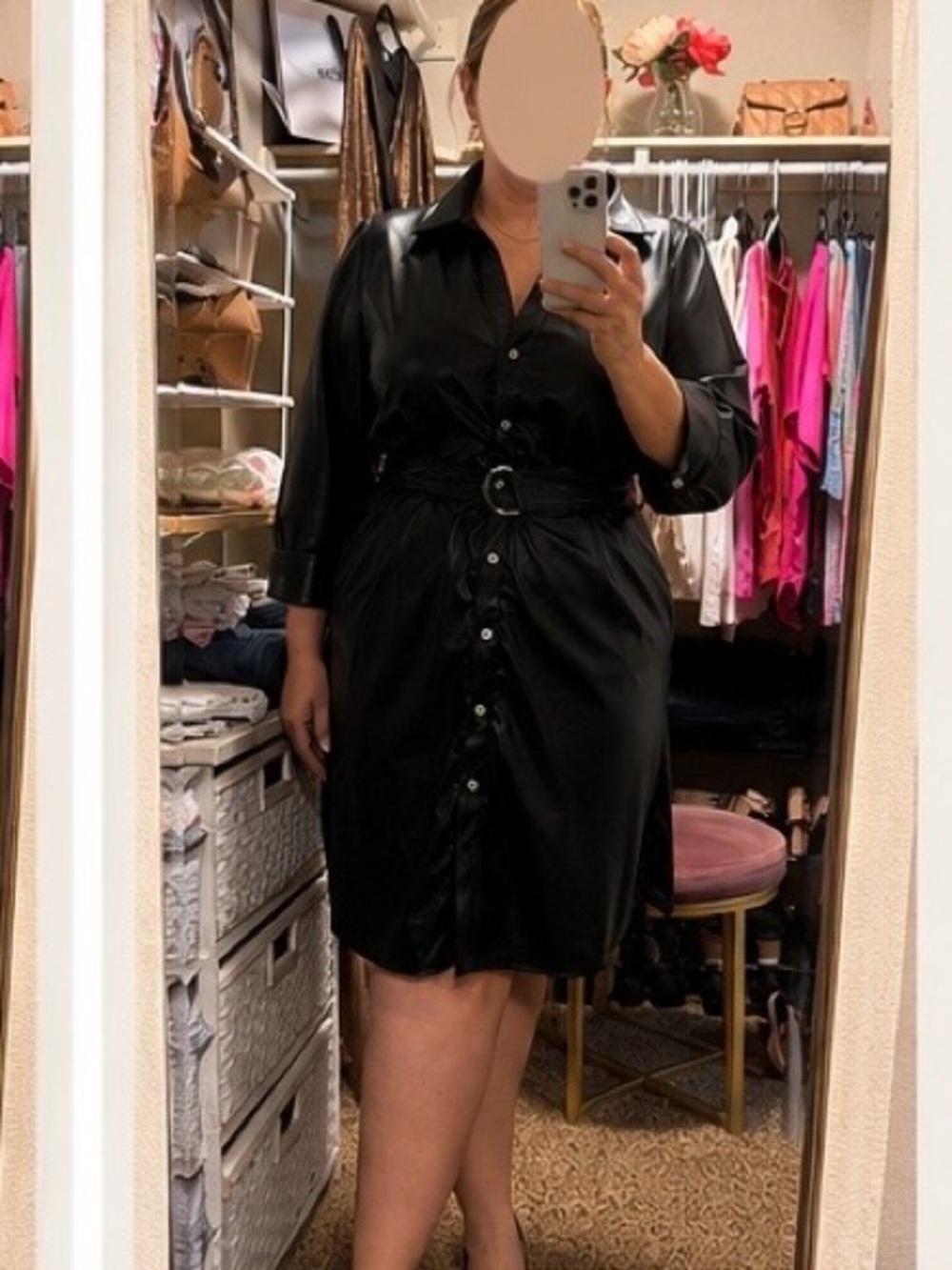 Karl Lagerfeld Paris Black Faux Leather Belted Shirt Dress Size 16